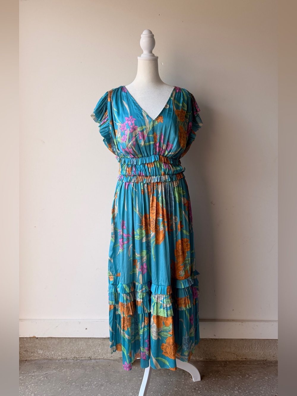 Current Air Teal Floral V-Neck Maxi Dress with Orange & Pink Accents